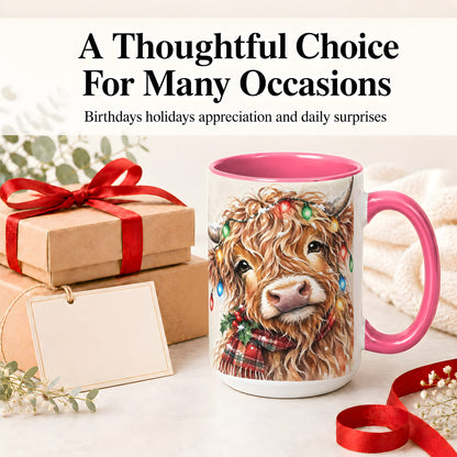 #pl[15oz|Pink] Christmas Highland Cow Accent Mug, Watercolor Holiday Art