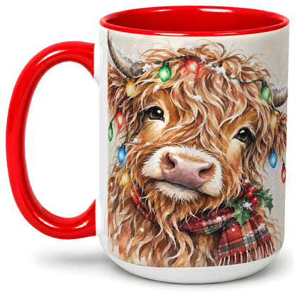 #pl[15oz|Red] Christmas Highland Cow Accent Mug, Watercolor Holiday Art