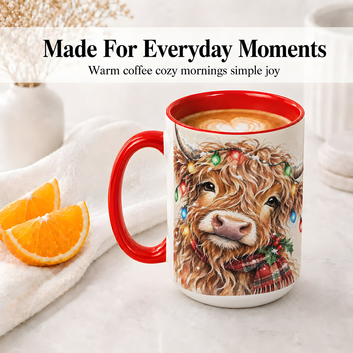 #pl[15oz|Red] Christmas Highland Cow Accent Mug, Watercolor Holiday Art