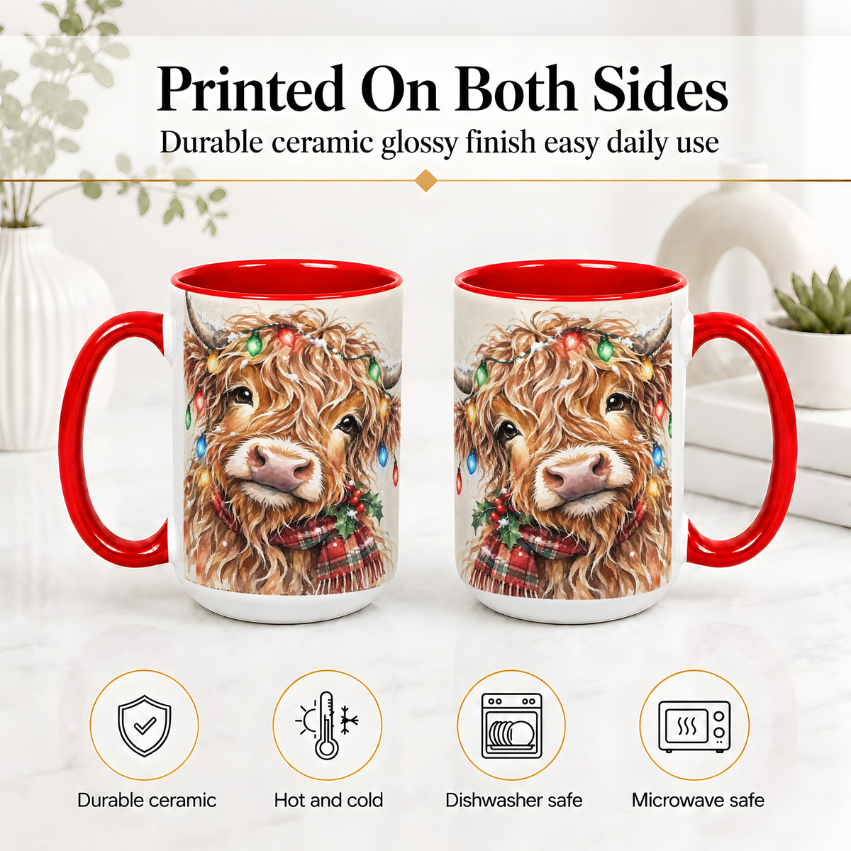 #pl[15oz|Red] Christmas Highland Cow Accent Mug, Watercolor Holiday Art