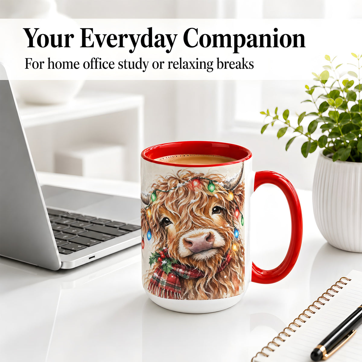 #pl[15oz|Red] Christmas Highland Cow Accent Mug, Watercolor Holiday Art