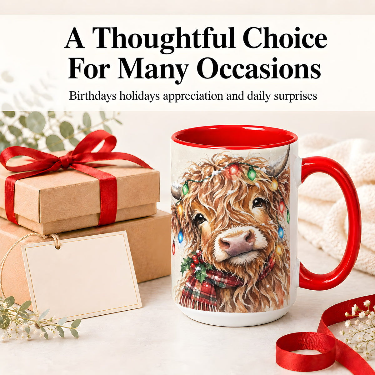 #pl[15oz|Red] Christmas Highland Cow Accent Mug, Watercolor Holiday Art