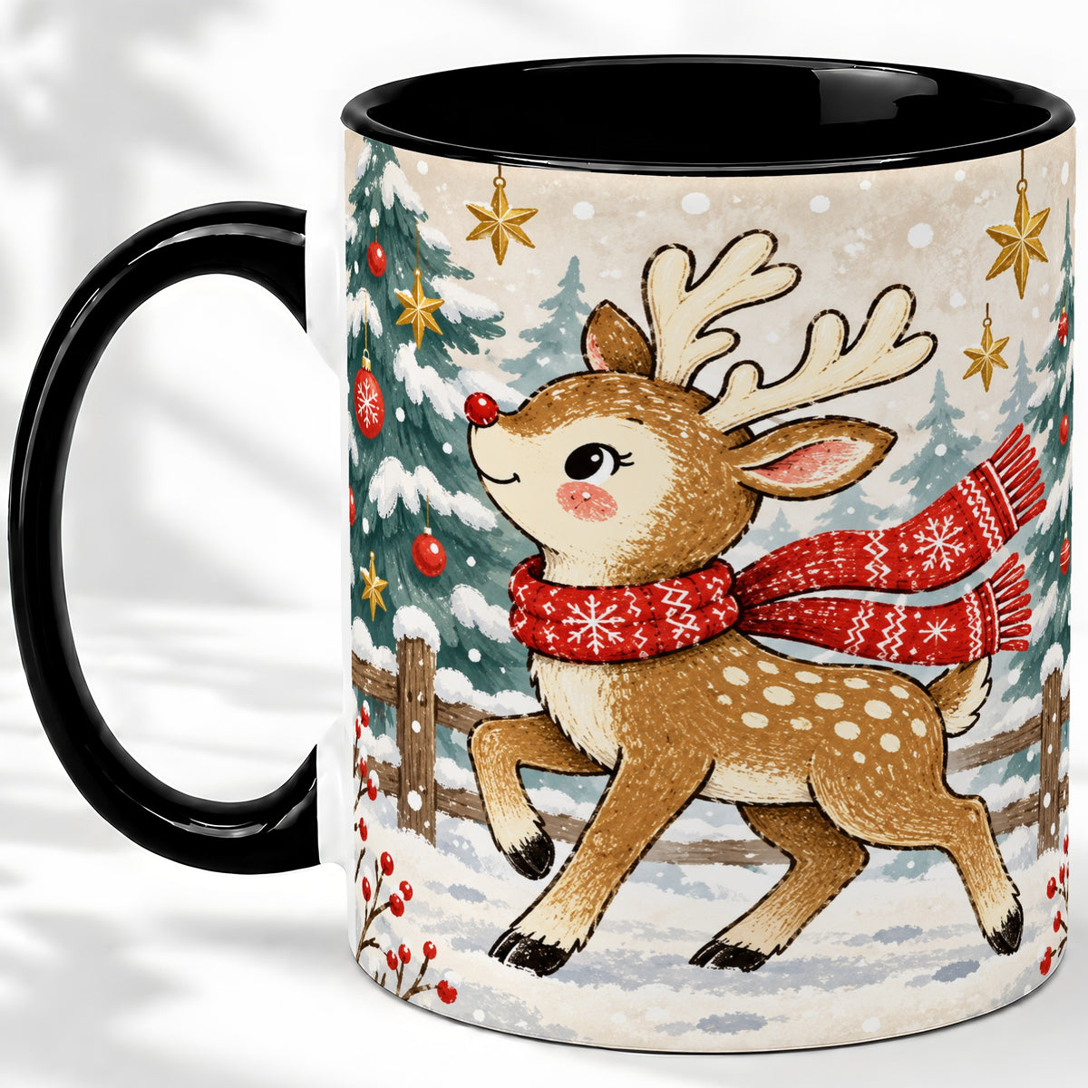#pl[11oz|Black] Christmas Reindeer Accent Mug, Snowy Woodland Artwork