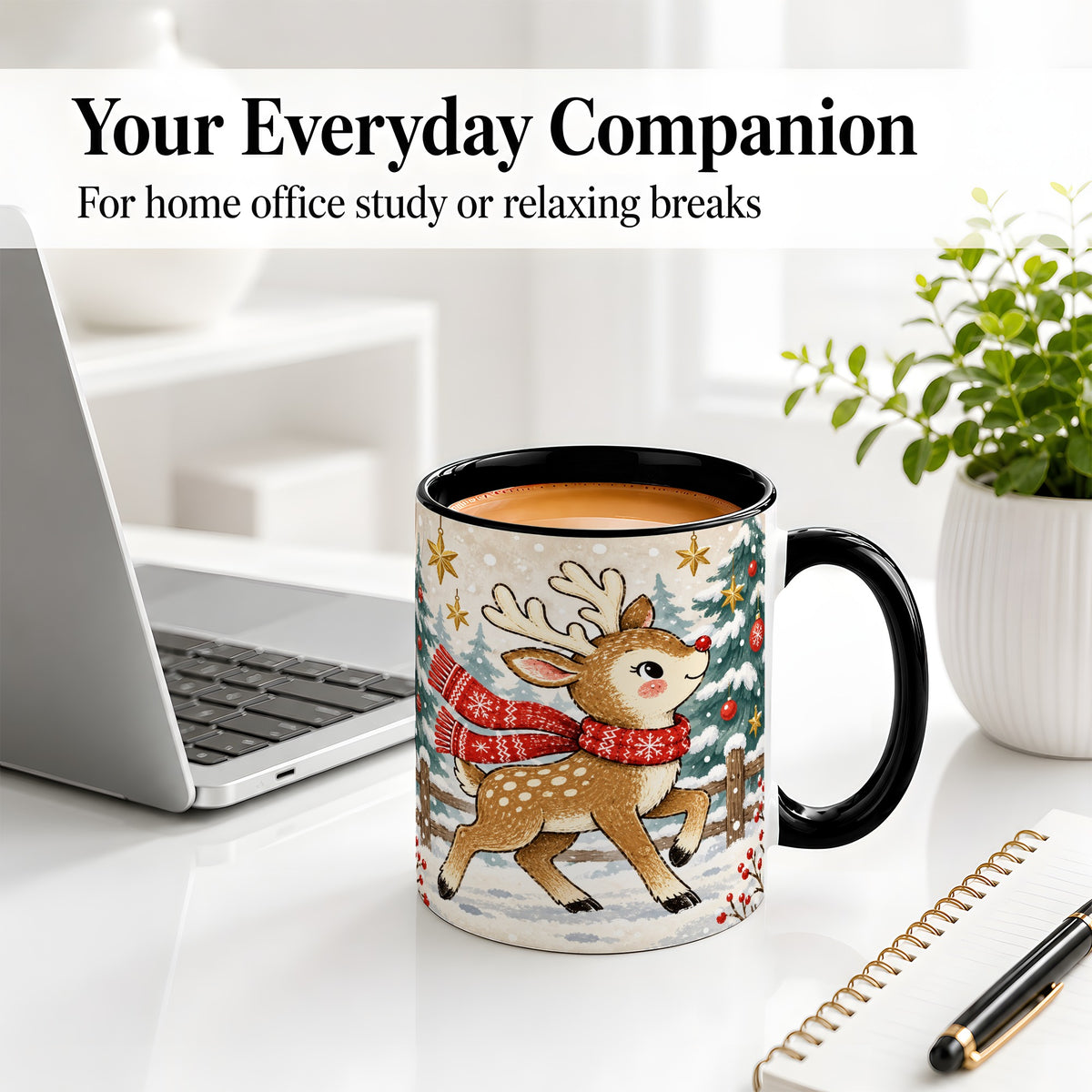 #pl[11oz|Black] Christmas Reindeer Accent Mug, Snowy Woodland Artwork