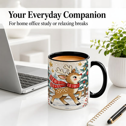 #pl[11oz|Black] Christmas Reindeer Accent Mug, Snowy Woodland Artwork