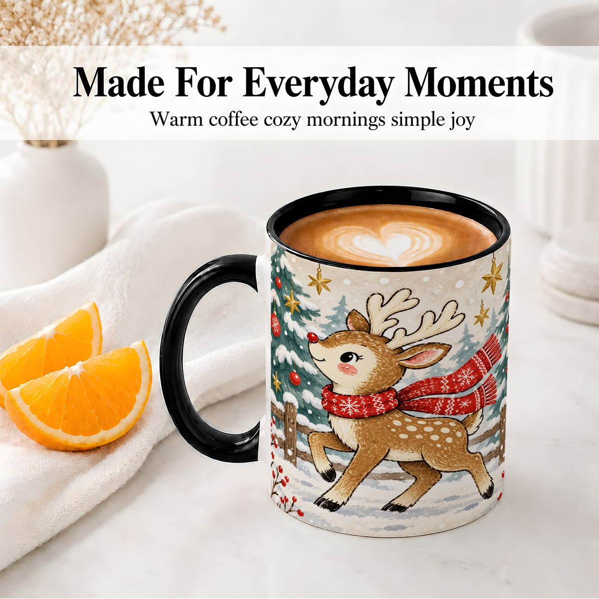 #pl[11oz|Black] Christmas Reindeer Accent Mug, Snowy Woodland Artwork