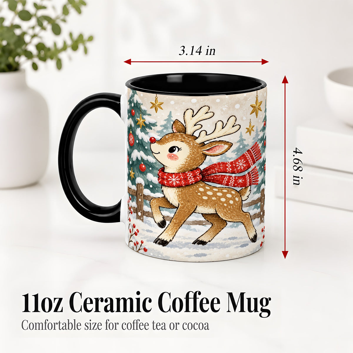 #pl[11oz|Black] Christmas Reindeer Accent Mug, Snowy Woodland Artwork