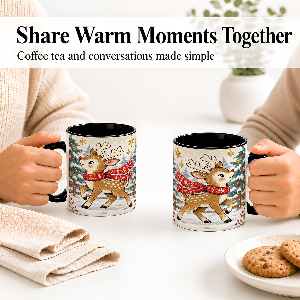 #pl[11oz|Black] Christmas Reindeer Accent Mug, Snowy Woodland Artwork