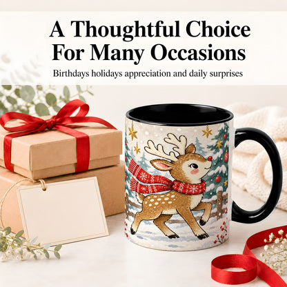 #pl[11oz|Black] Christmas Reindeer Accent Mug, Snowy Woodland Artwork