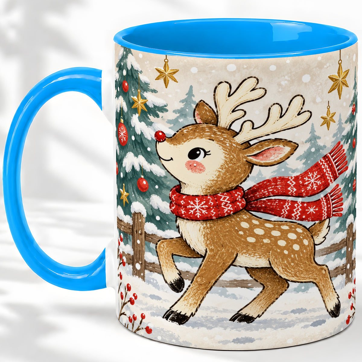 #pl[11oz|Blue] Christmas Reindeer Accent Mug, Snowy Woodland Artwork