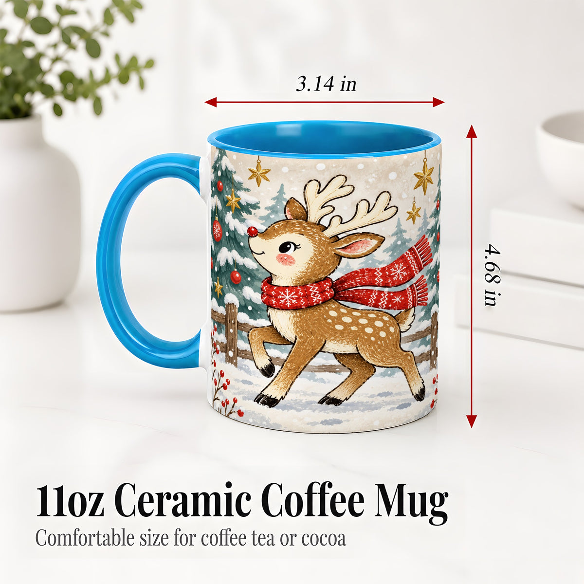 #pl[11oz|Blue] Christmas Reindeer Accent Mug, Snowy Woodland Artwork