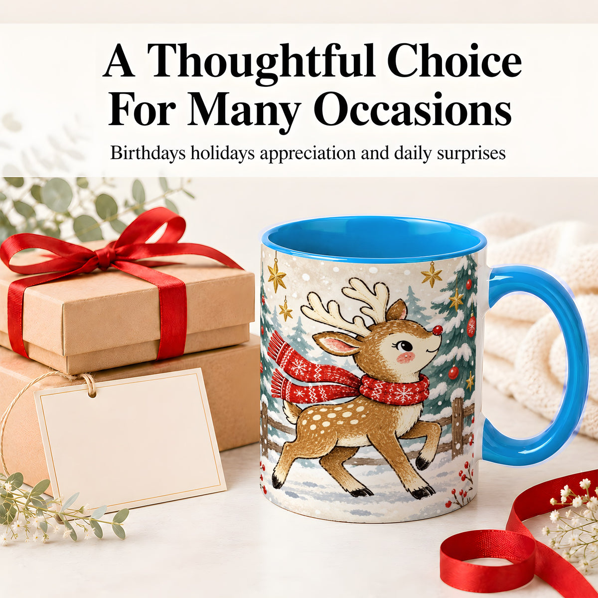 #pl[11oz|Blue] Christmas Reindeer Accent Mug, Snowy Woodland Artwork