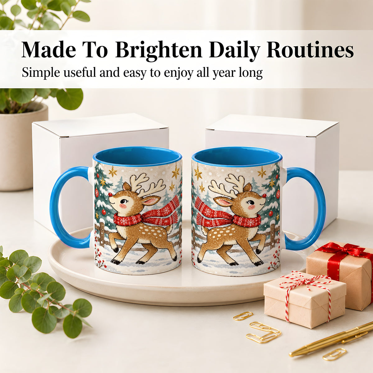 #pl[11oz|Blue] Christmas Reindeer Accent Mug, Snowy Woodland Artwork