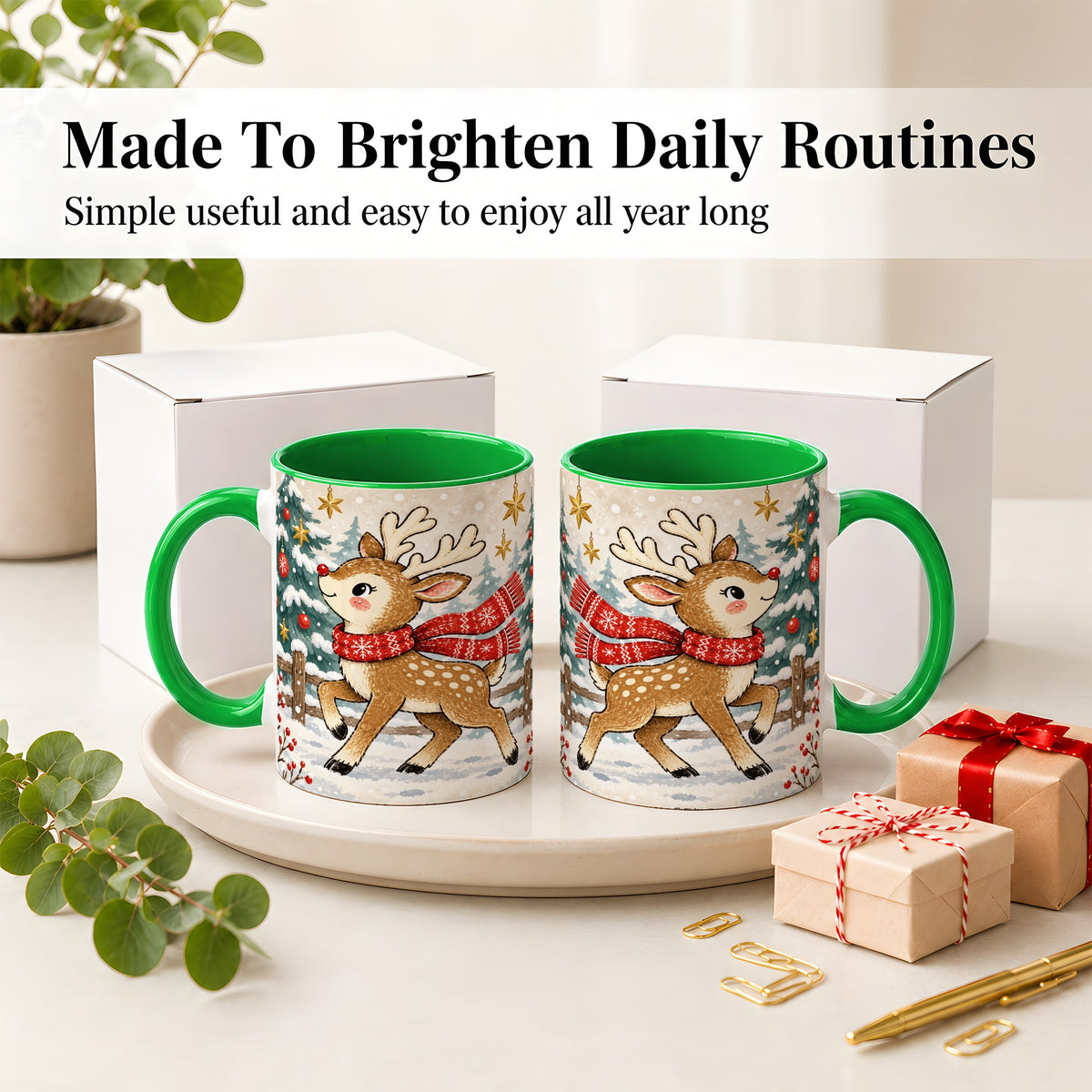 #pl[11oz|Green] Christmas Reindeer Accent Mug, Snowy Woodland Artwork