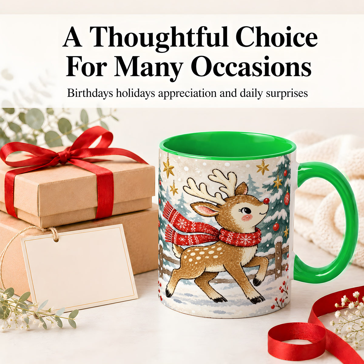 #pl[11oz|Green] Christmas Reindeer Accent Mug, Snowy Woodland Artwork