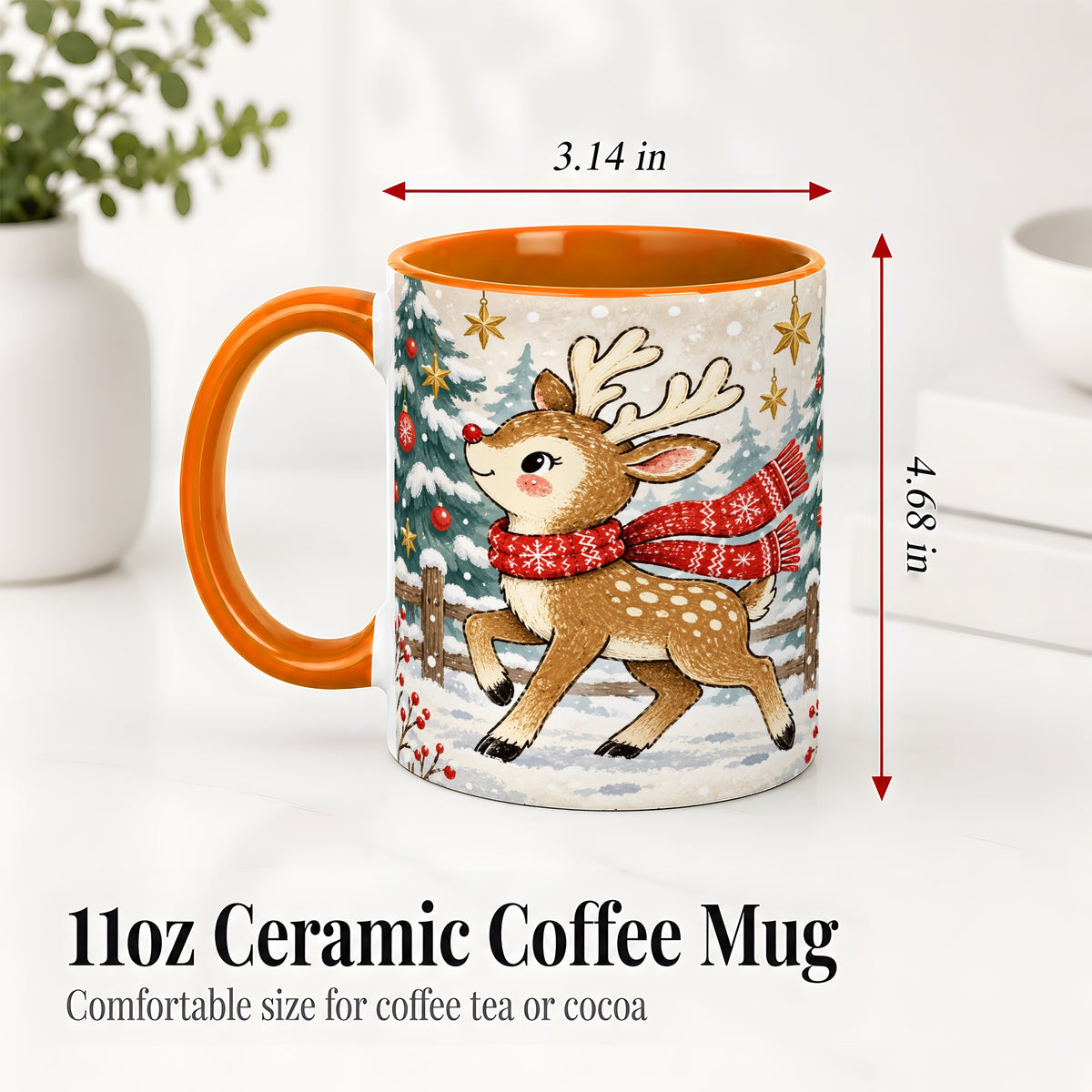 #pl[11oz|Orange] Christmas Reindeer Accent Mug, Snowy Woodland Artwork