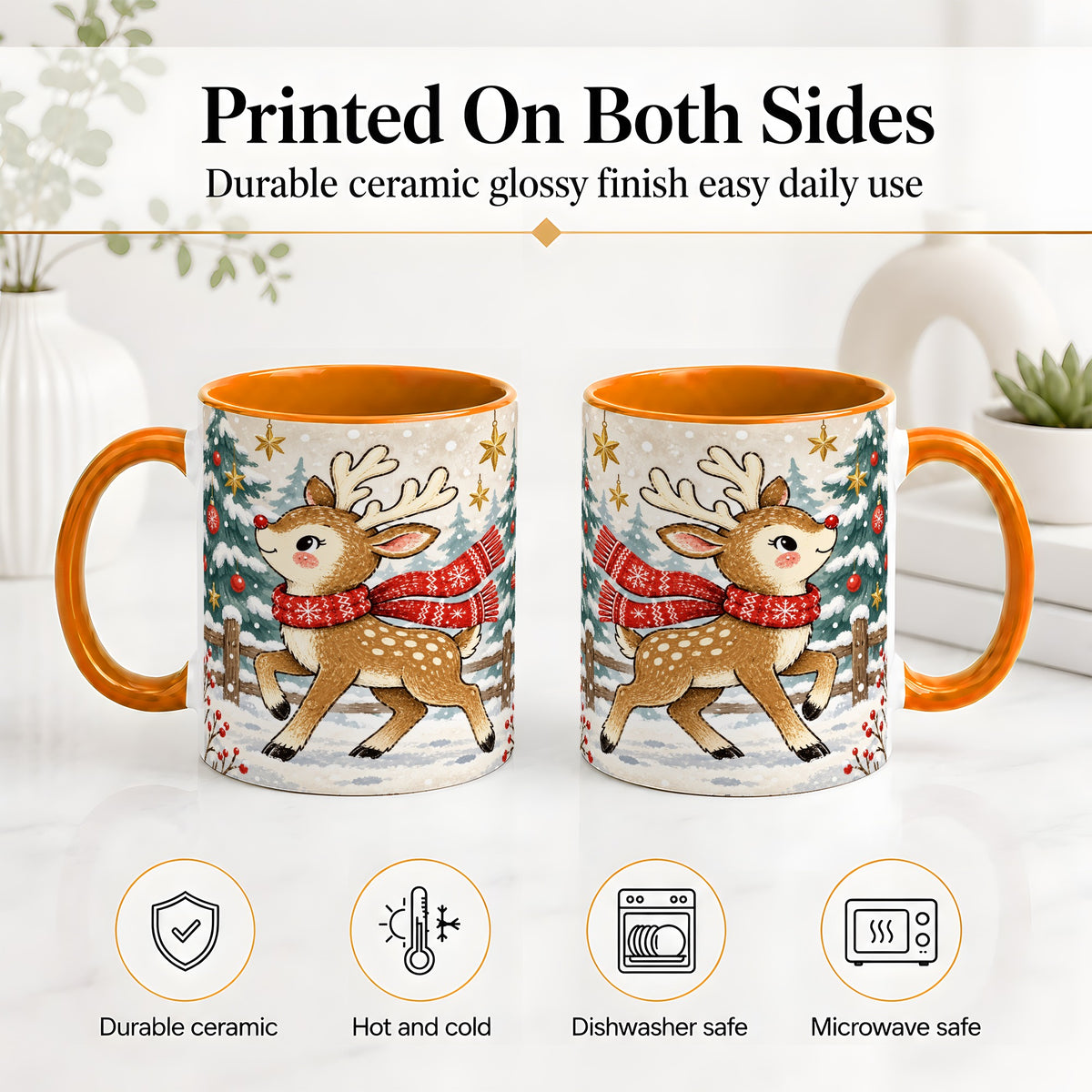 #pl[11oz|Orange] Christmas Reindeer Accent Mug, Snowy Woodland Artwork