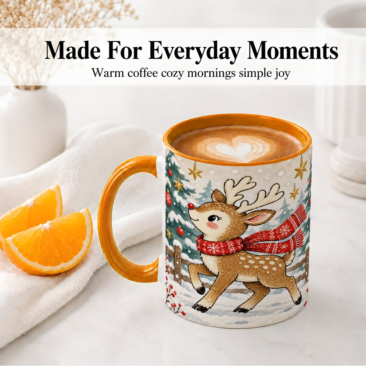 #pl[11oz|Orange] Christmas Reindeer Accent Mug, Snowy Woodland Artwork
