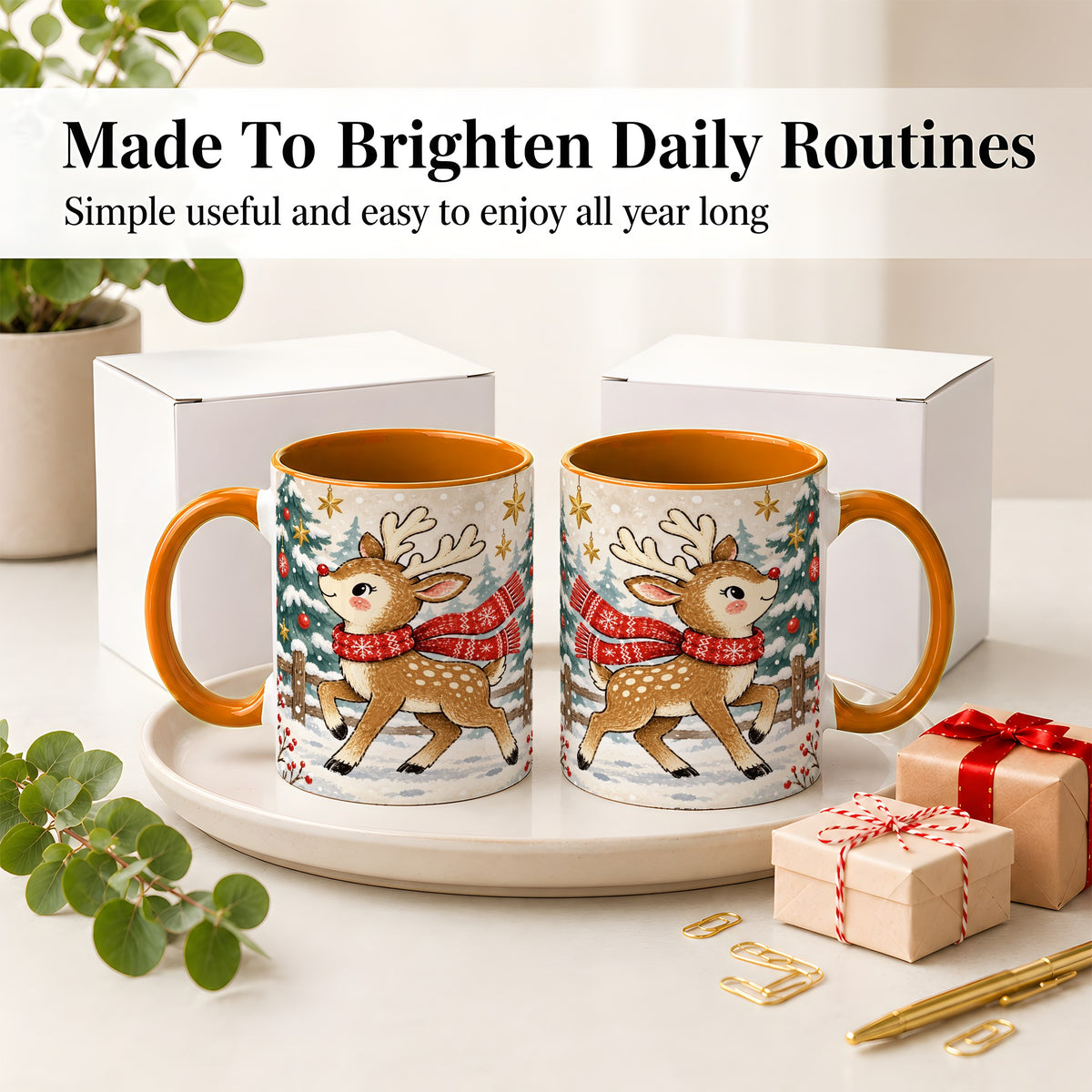 #pl[11oz|Orange] Christmas Reindeer Accent Mug, Snowy Woodland Artwork