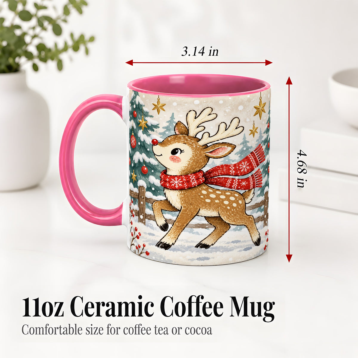 #pl[11oz|Pink] Christmas Reindeer Accent Mug, Snowy Woodland Artwork