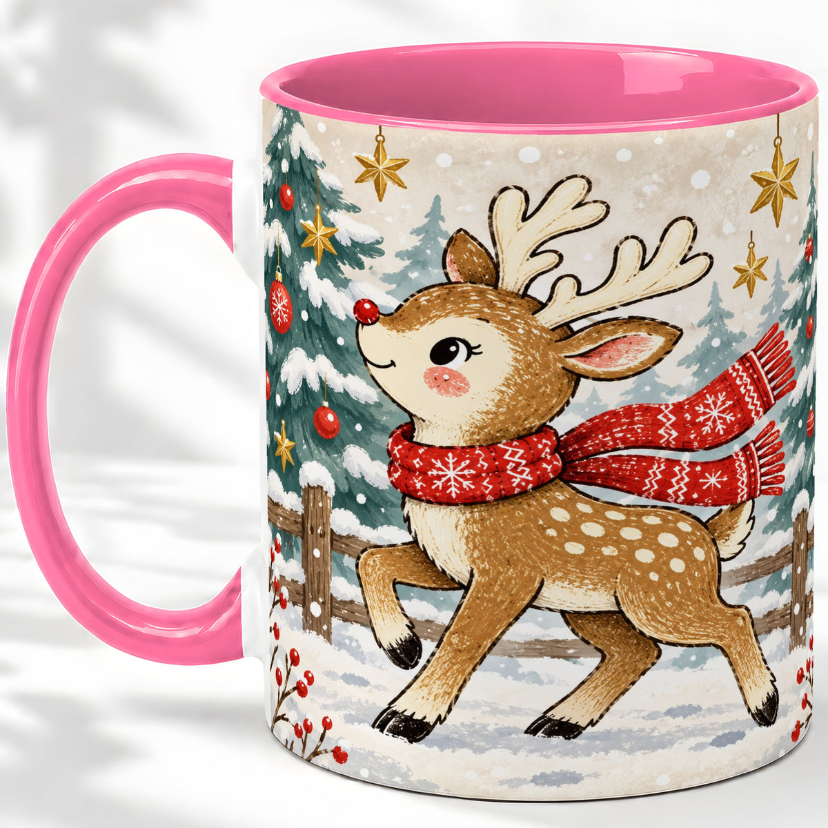 #pl[11oz|Pink] Christmas Reindeer Accent Mug, Snowy Woodland Artwork