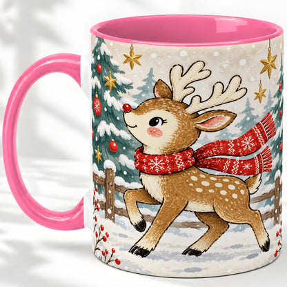 #pl[11oz|Pink] Christmas Reindeer Accent Mug, Snowy Woodland Artwork