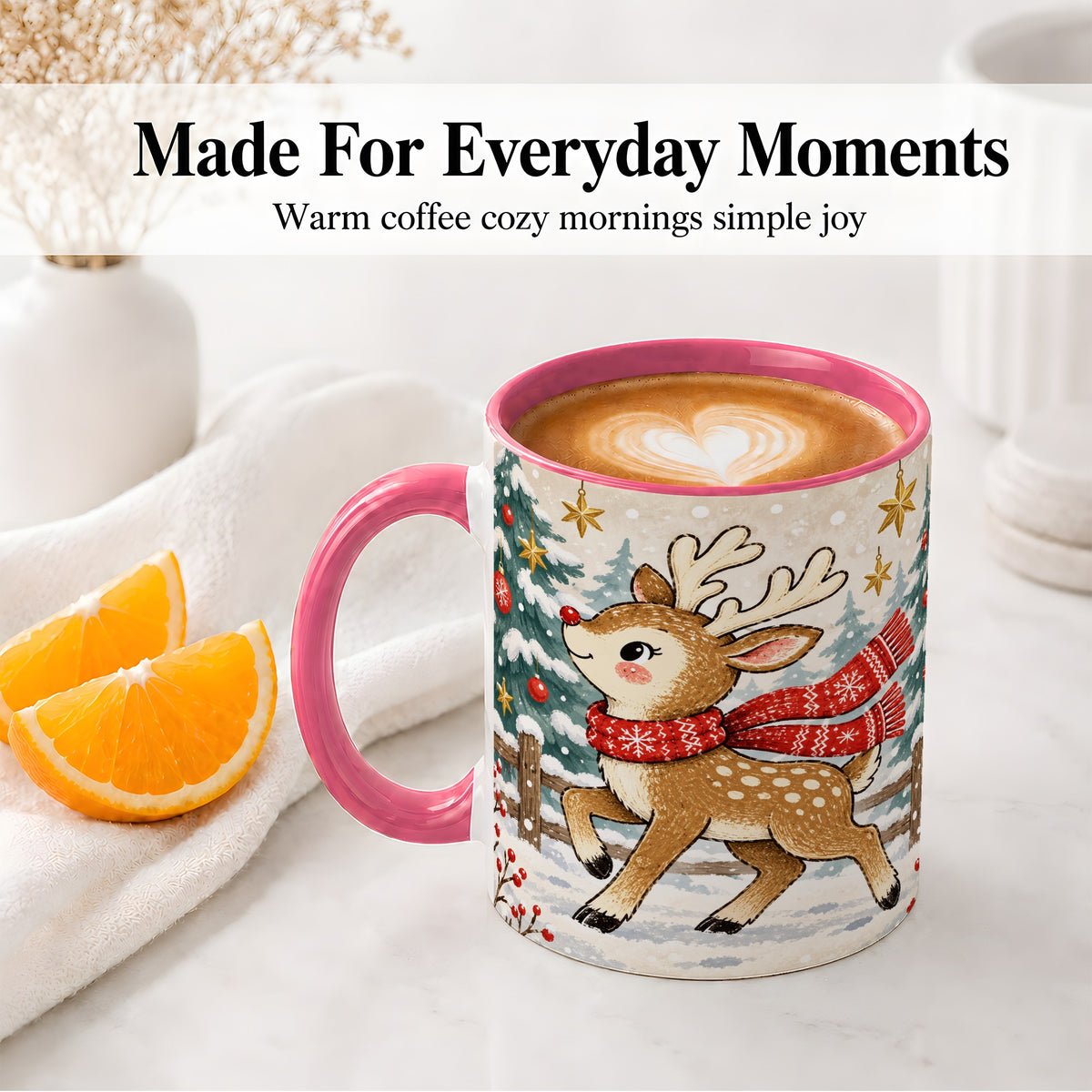#pl[11oz|Pink] Christmas Reindeer Accent Mug, Snowy Woodland Artwork