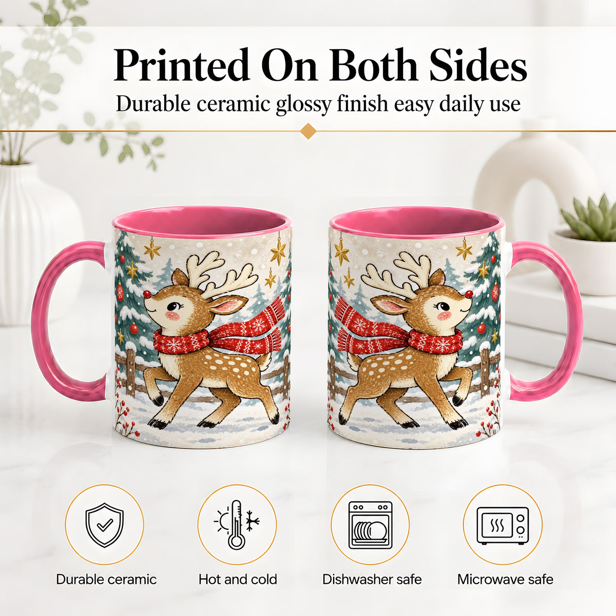 #pl[11oz|Pink] Christmas Reindeer Accent Mug, Snowy Woodland Artwork