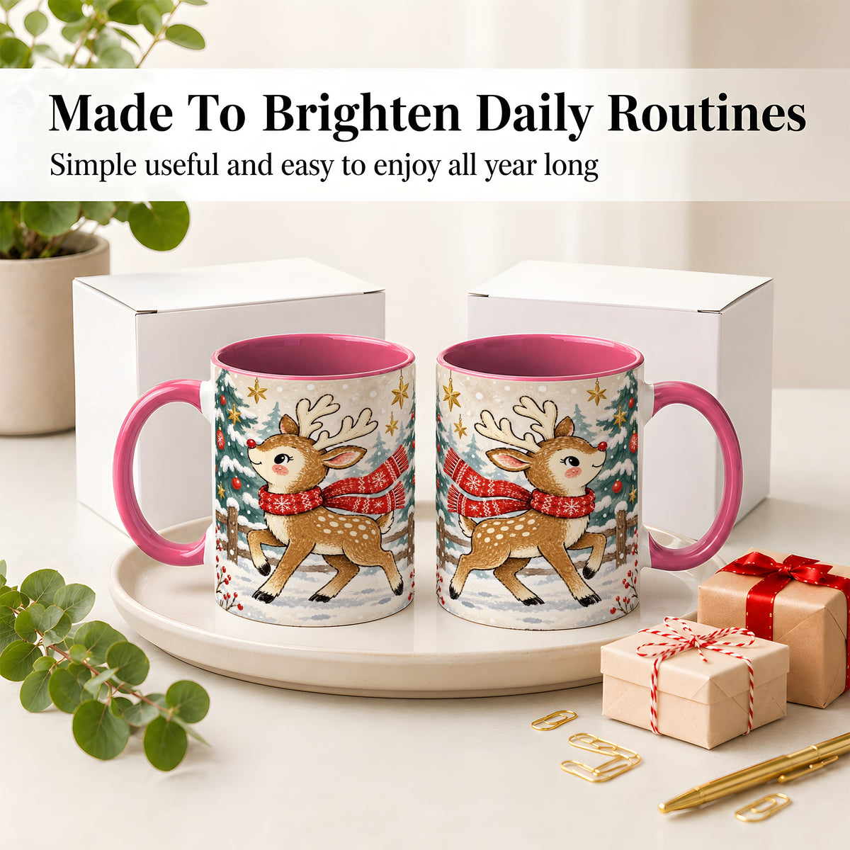 #pl[11oz|Pink] Christmas Reindeer Accent Mug, Snowy Woodland Artwork