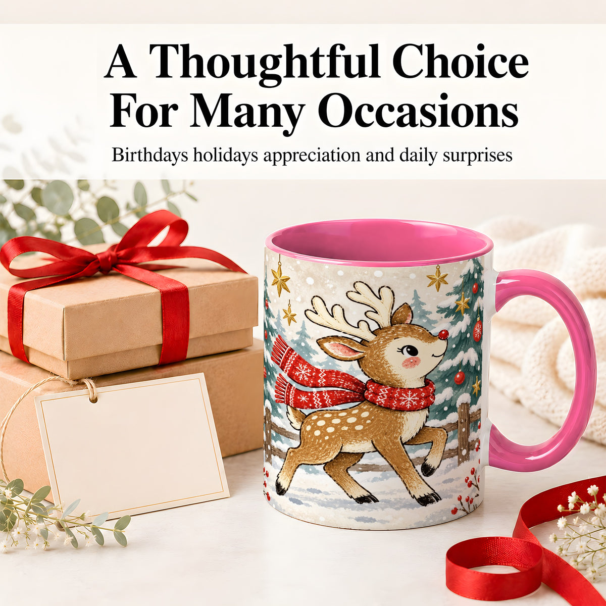 #pl[11oz|Pink] Christmas Reindeer Accent Mug, Snowy Woodland Artwork