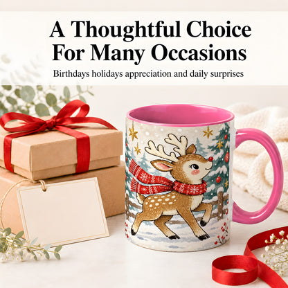 #pl[11oz|Pink] Christmas Reindeer Accent Mug, Snowy Woodland Artwork