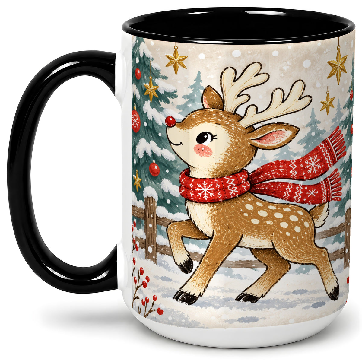 #pl[15oz|Black] Christmas Reindeer Accent Mug, Snowy Woodland Artwork