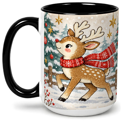 #pl[15oz|Black] Christmas Reindeer Accent Mug, Snowy Woodland Artwork