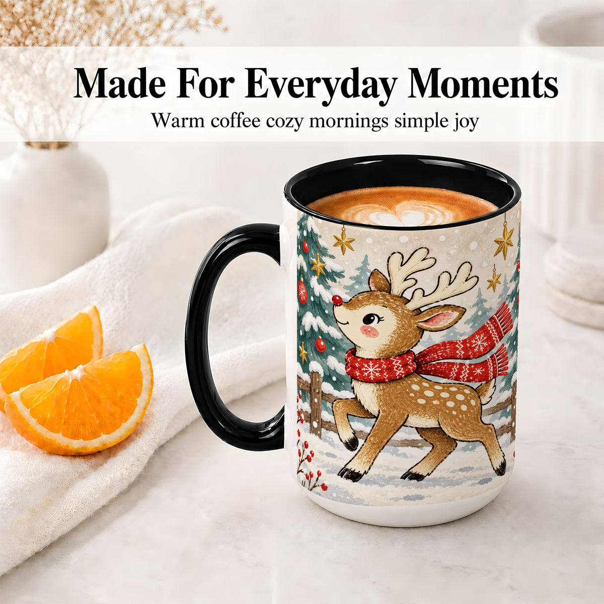 #pl[15oz|Black] Christmas Reindeer Accent Mug, Snowy Woodland Artwork