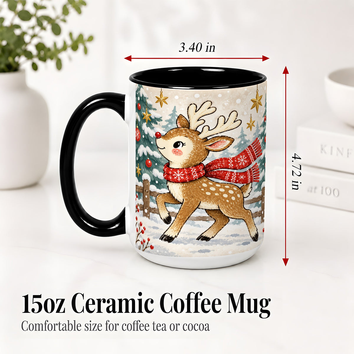 #pl[15oz|Black] Christmas Reindeer Accent Mug, Snowy Woodland Artwork