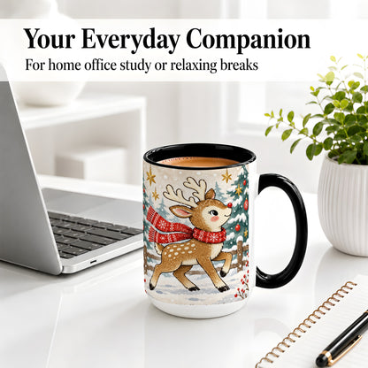#pl[15oz|Black] Christmas Reindeer Accent Mug, Snowy Woodland Artwork
