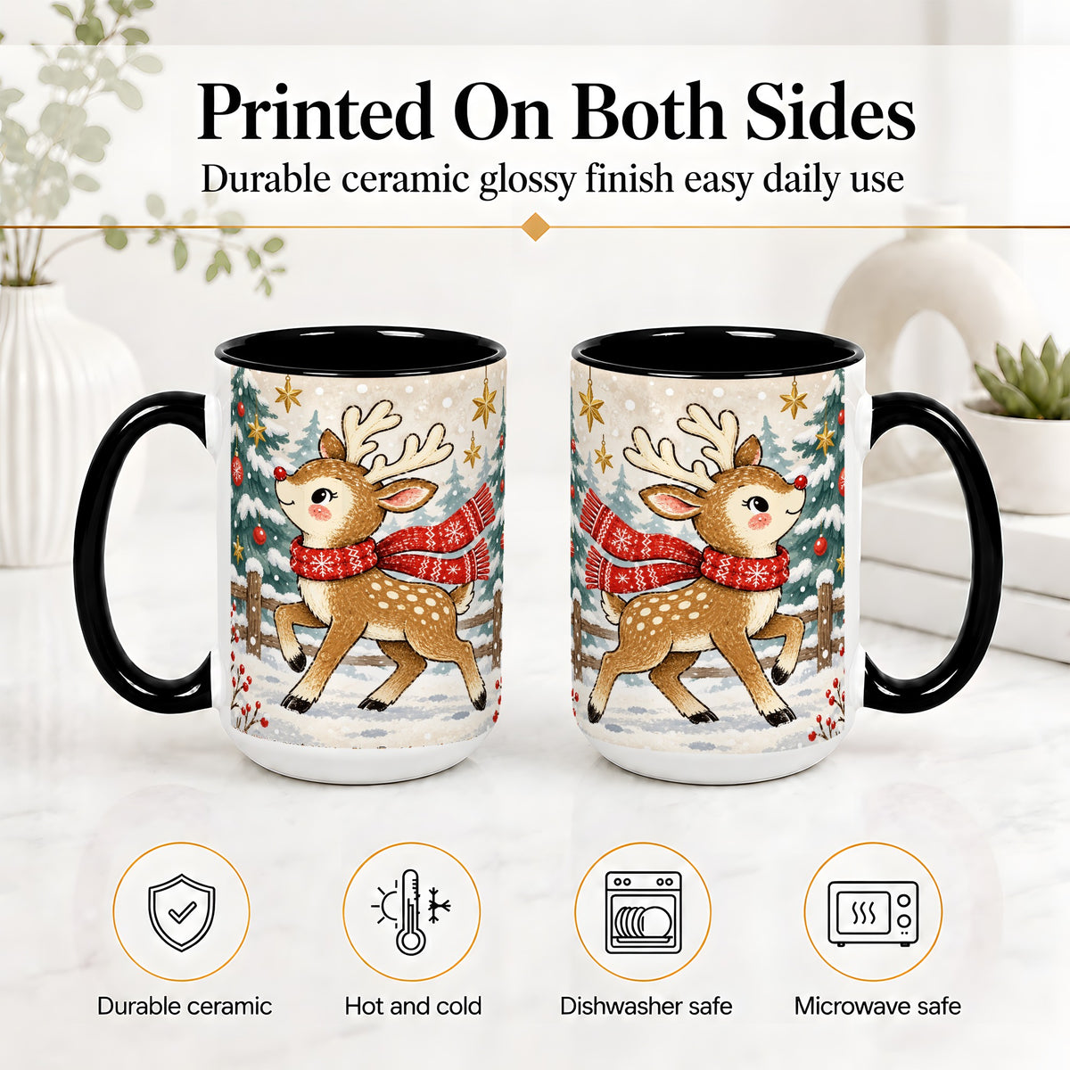 #pl[15oz|Black] Christmas Reindeer Accent Mug, Snowy Woodland Artwork
