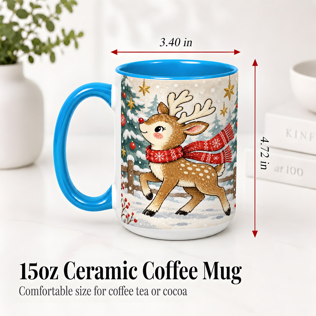 #pl[15oz|Blue] Christmas Reindeer Accent Mug, Snowy Woodland Artwork