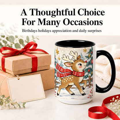 #pl[15oz|Black] Christmas Reindeer Accent Mug, Snowy Woodland Artwork