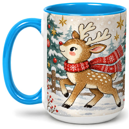 #pl[15oz|Blue] Christmas Reindeer Accent Mug, Snowy Woodland Artwork
