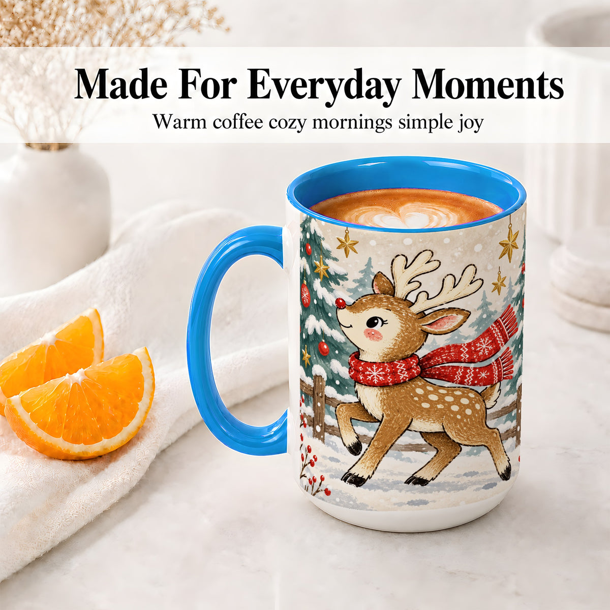 #pl[15oz|Blue] Christmas Reindeer Accent Mug, Snowy Woodland Artwork