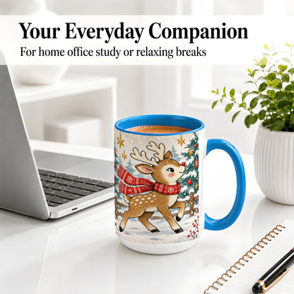 #pl[15oz|Blue] Christmas Reindeer Accent Mug, Snowy Woodland Artwork