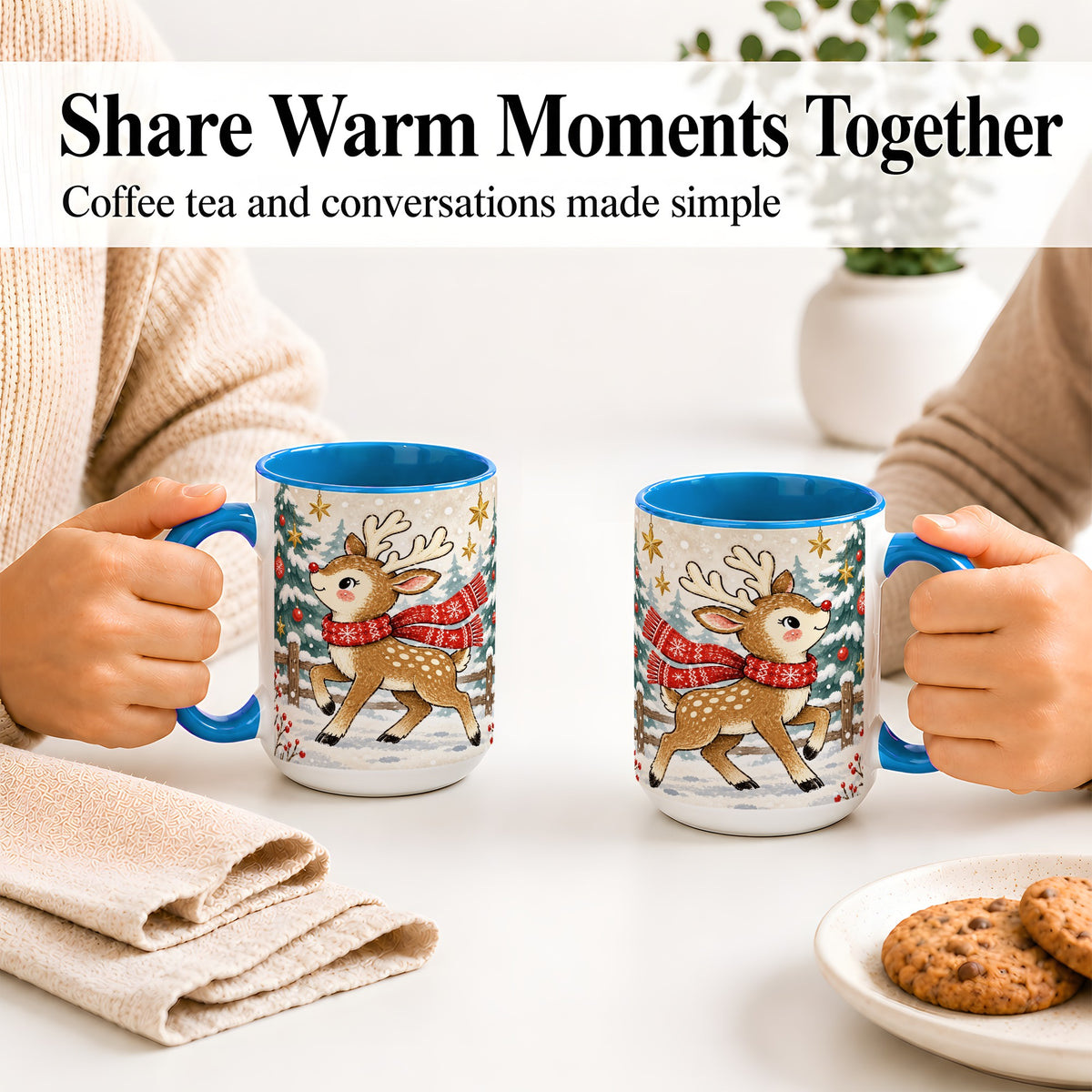 #pl[15oz|Blue] Christmas Reindeer Accent Mug, Snowy Woodland Artwork