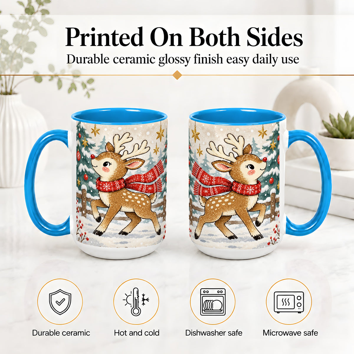 #pl[15oz|Blue] Christmas Reindeer Accent Mug, Snowy Woodland Artwork