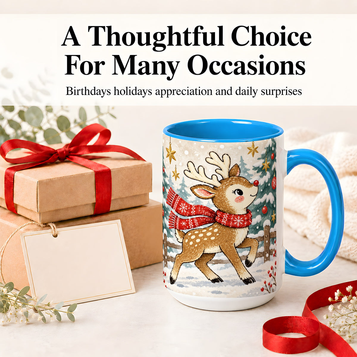 #pl[15oz|Blue] Christmas Reindeer Accent Mug, Snowy Woodland Artwork
