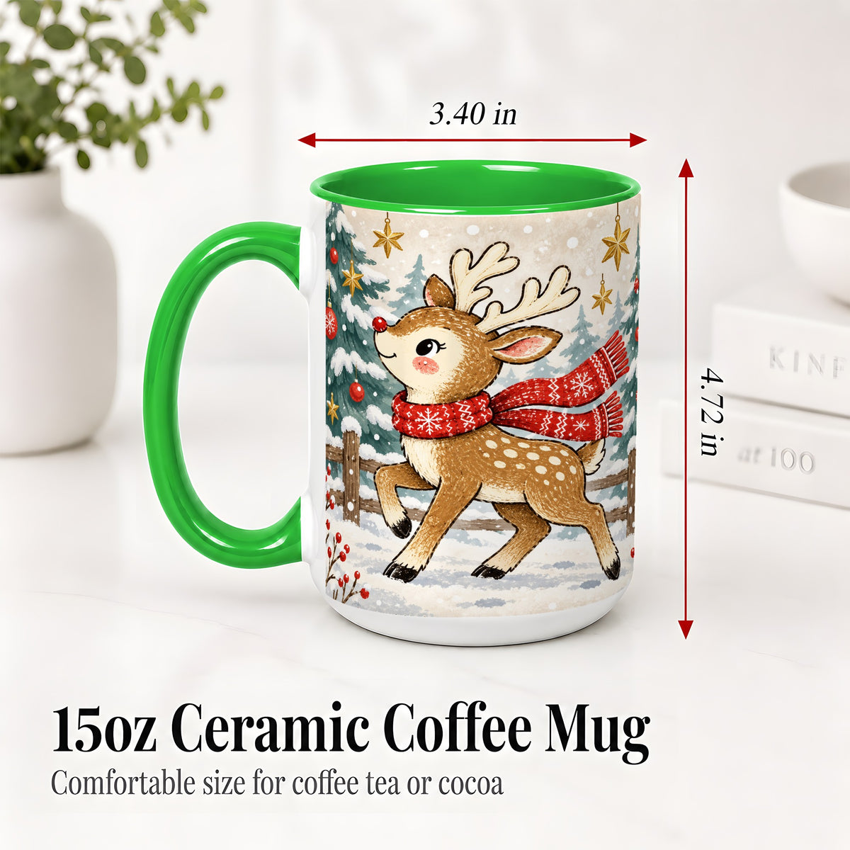 #pl[15oz|Green] Christmas Reindeer Accent Mug, Snowy Woodland Artwork