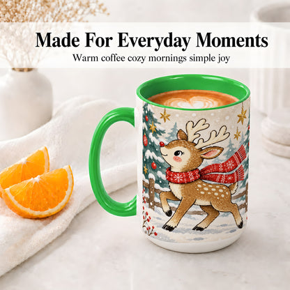 #pl[15oz|Green] Christmas Reindeer Accent Mug, Snowy Woodland Artwork