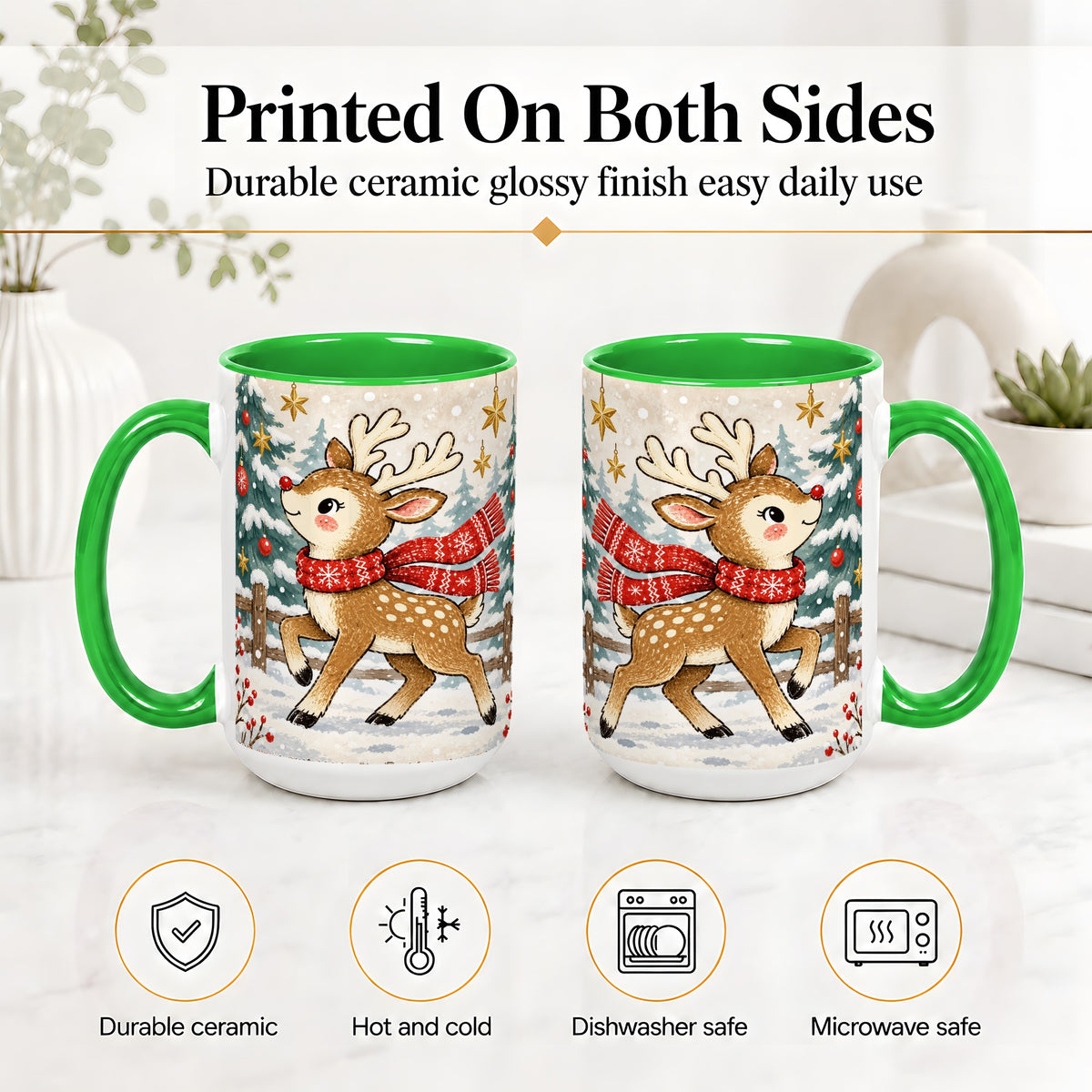 #pl[15oz|Green] Christmas Reindeer Accent Mug, Snowy Woodland Artwork