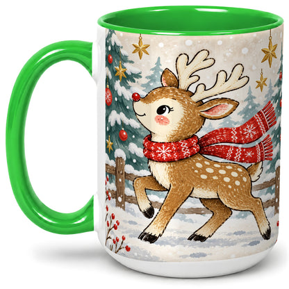 #pl[15oz|Green] Christmas Reindeer Accent Mug, Snowy Woodland Artwork