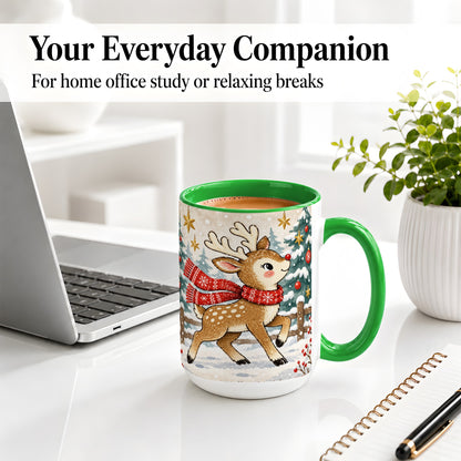 #pl[15oz|Green] Christmas Reindeer Accent Mug, Snowy Woodland Artwork